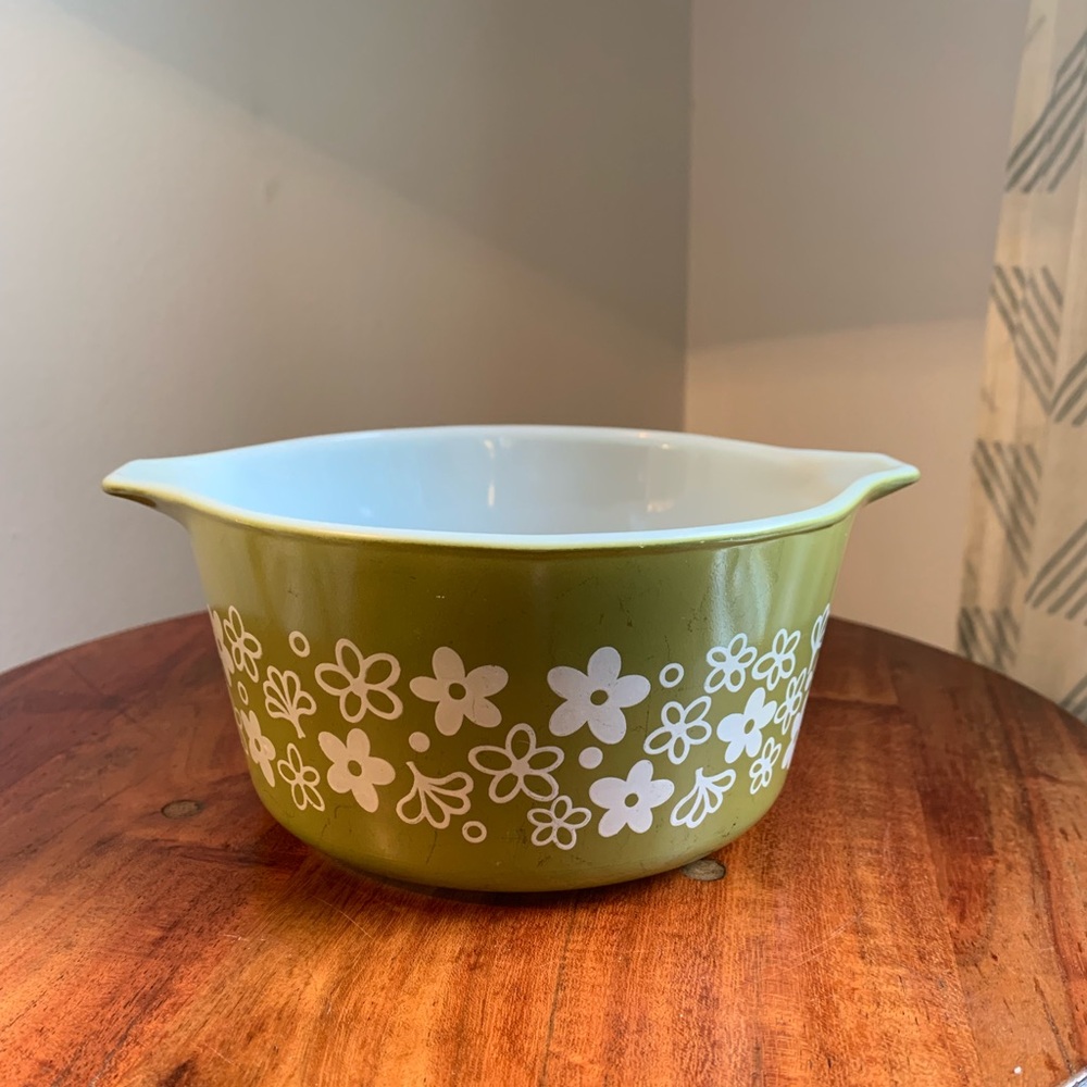 Vintage Pyrex Olive Green Floral Casserole Dish